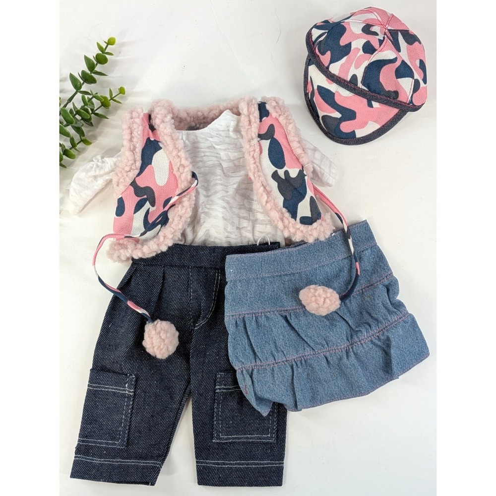 PINK CAMO OUTFIT🇺🇸American Girl Mixed 18" Doll Hat Shoes Lot Vest Denim Skirt